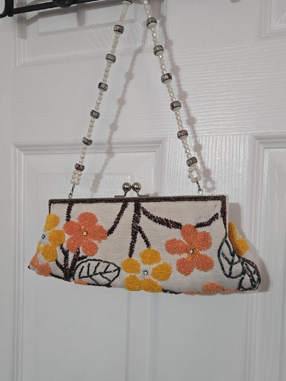 Floral Beaded-Handle Clutch Handbag in Cream, Orange & Yellow